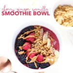This cherry ginger vanilla smoothie bowl is beautifully balanced with sweet juicy cherries and spicy ginger. But we all know the best part of a smoothie bowl are the toppings.